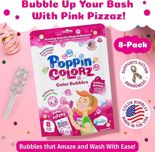 PoppinColorz Pink Pizzaz Little Bubbles Party Favors – 8-Pack for Kids with Wands, Non-Toxic Party Favor for Birthday, Gender Reveal & Outdoor Fun – Bubbles Made in USA