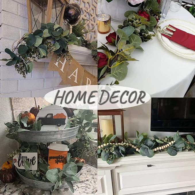 Ouddy Decor 2 Pack Eucalyptus Garland Total 13.1 Ft Lush Silver Dollar Leaves Boxwood Artificial Faux Greenery Vines for Baby Shower Wedding Party Table Runner Room Home Mantle Decor