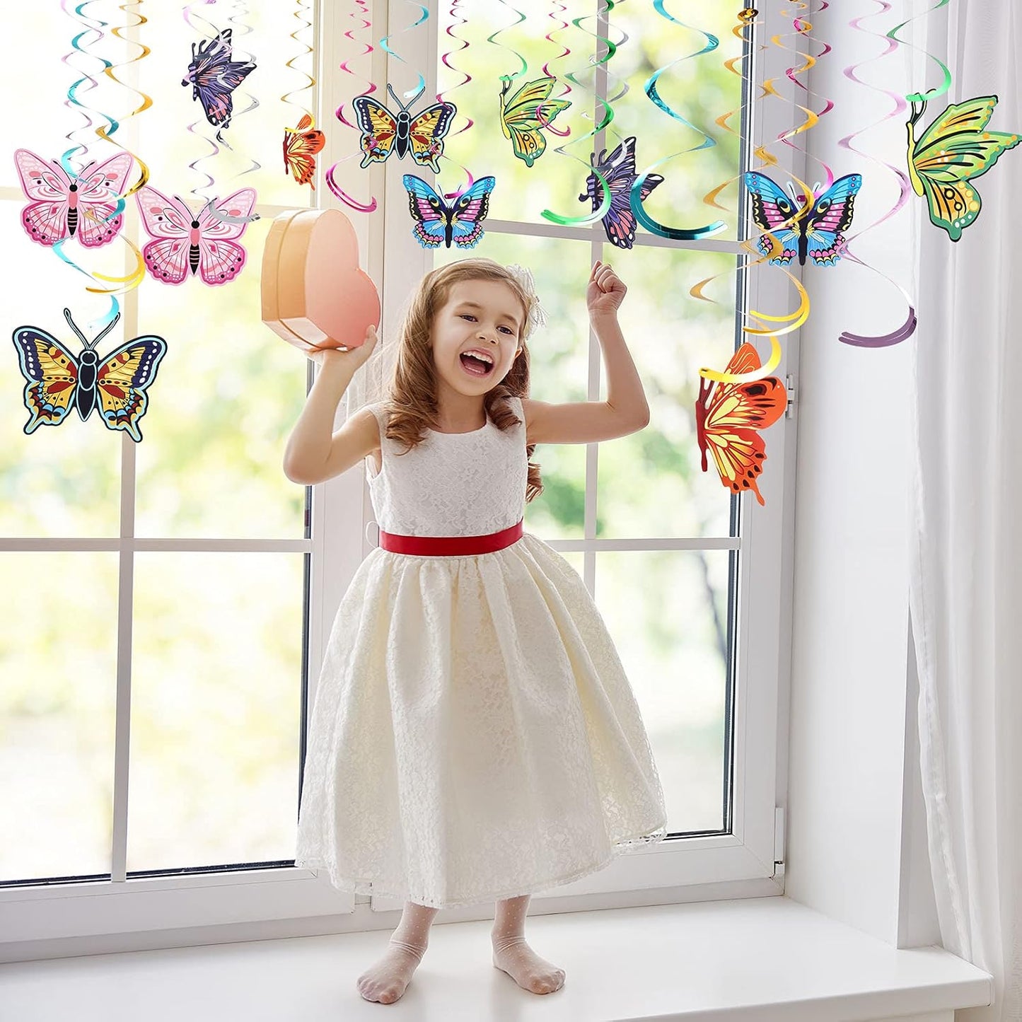 36 Pcs Butterfly Flower Party Decoration Hanging Swirl Streamer Hanging Ceiling Paper Flora Butterfly Decoration for Summer Spring Wedding Home Garden Girl Birthday Baby Shower Tea Party