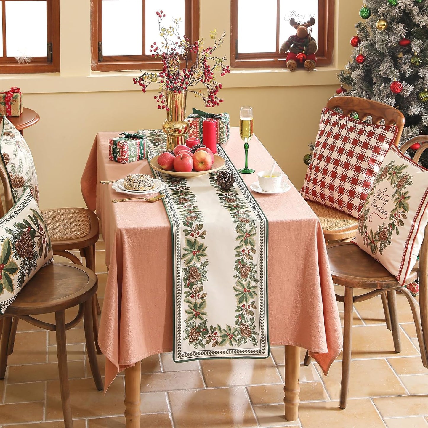 ISAENNE Designer Luxury Velvet Light Beige Christmas Table Runner 102 Inches Long,Farmhouse Pine Cone Pattern Decor Table Runners for Dining Tables,Thanksgiving,Kitchen Tables,12"*102"-Carol G