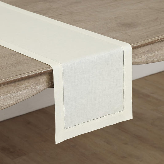 Solino Home Linen Ivory Table Runner 120 Inches Long - 100% Pure Linen 14 x 120 Inch Table Runner for Fall, Autumn, Thanksgiving, Christmas - Classic Hemstitch