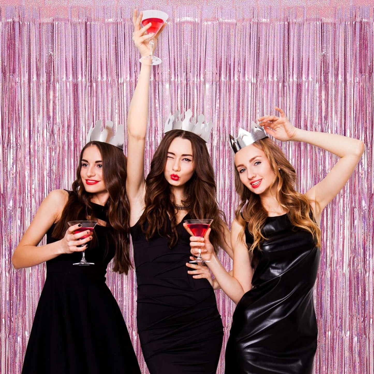 Pink Tinsel Foil Fringe Curtain Backdrop, 3.3 x 8.2 ft Metallic Glitter Curtain Streamers, 2 Pack Pink Photoboth for Birthday Bridal Shower Valentines Day Party Decorations