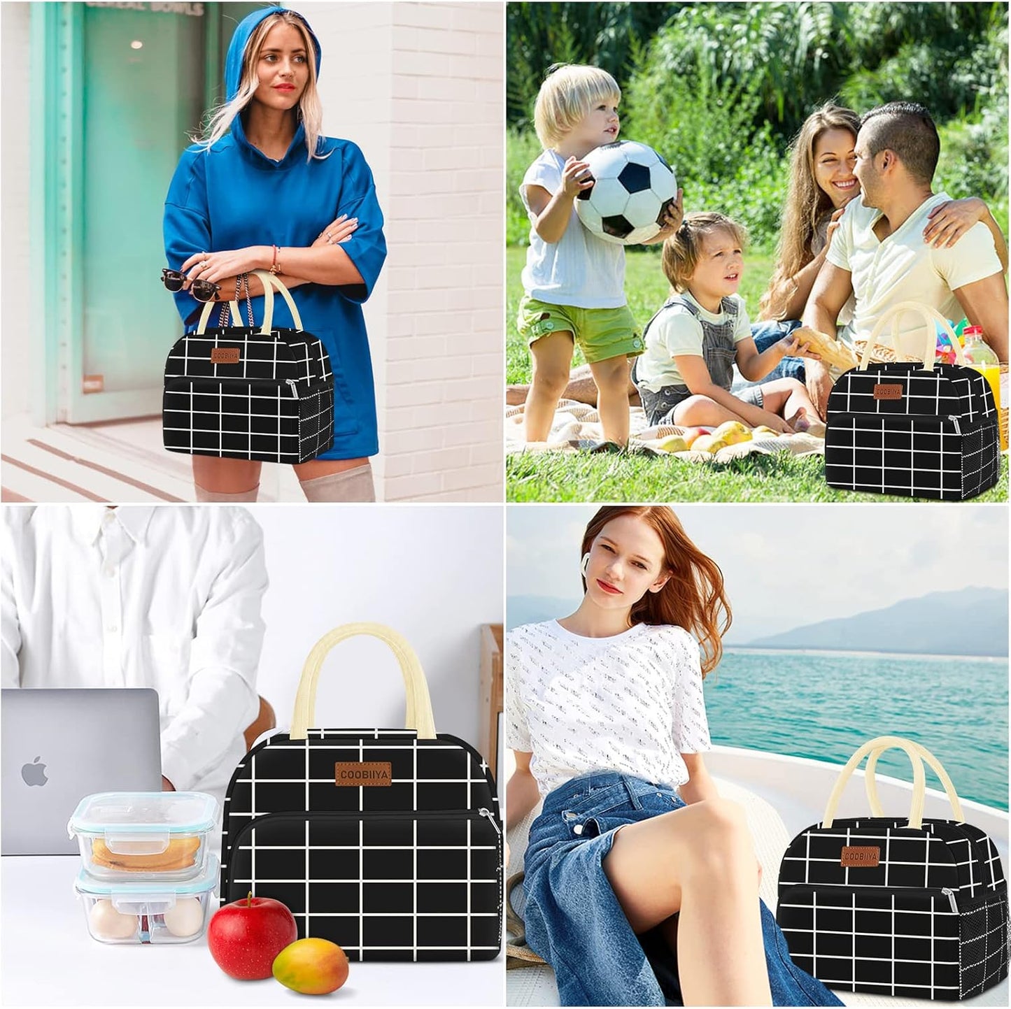 Coobiiya Lunch Bag Women, Lunch Box for Women Adult Men, Small Leakproof Cute Lunch Tote Large Capacity Reusable Insulated Cooler Lunch Container for Work/Office/Picnic/Travel-Black Plaid