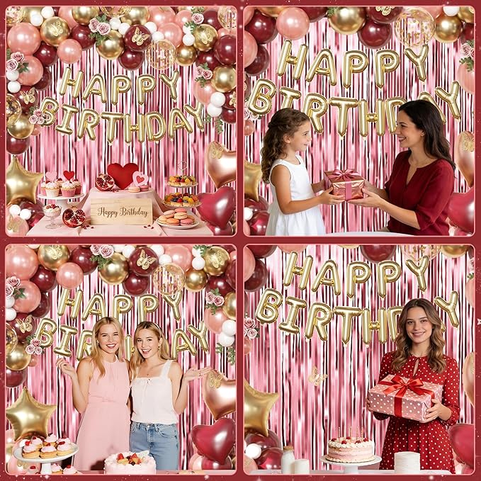 Burgundy Birthday Decorations for Women, Maroon Metallic Rose Gold White Gold Foil Confetti Balloons Happy birthday Banner Gold Butterfly Fringe Curtains Birthday Decorations for Women Girls