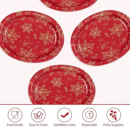 Christmas Oval Paper Plates 50Pcs – Red Gold Poinsettia Disposable Party Platters 10"x12"