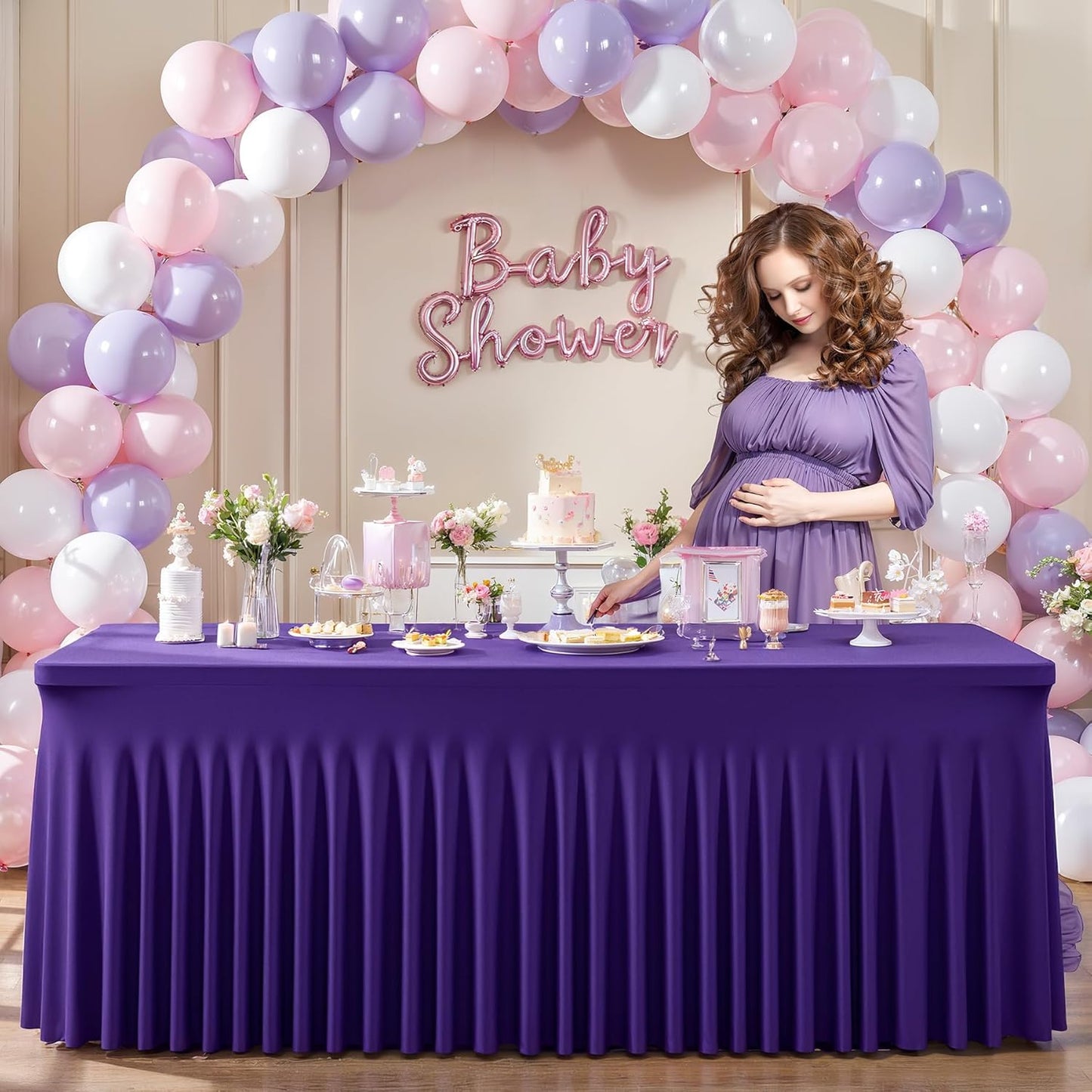 2 Packs Purple Spandex Tableclothes for 8 Foot Rectangle Table, Spandex Table Covers 8FT Stretch Table Skirts Rectangle Wrinkle Free Fitted Tablecover for Event, Wedding, Banquet & Parties