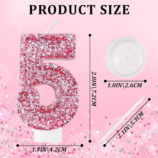 Birthday Number Candles, Glitter Number Candle Cake Decorations with Sequins, Cupcake Decorations for Girls, Women, Party Anniversary Celebrations (Number 5, Pink)