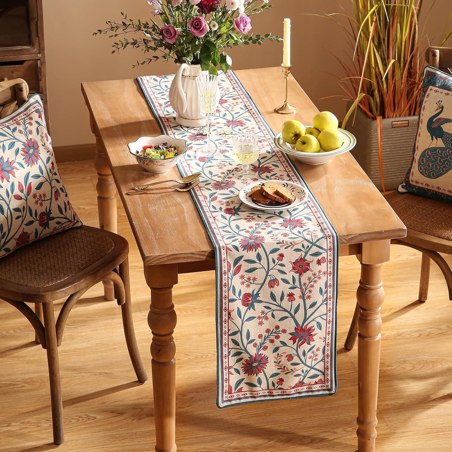 bilingaier Farmhouse Berry Red Floral Small Table Runner for Table,Decorative Linen 102 Inches Long French Table Runners,Decor Tabletop for Kitchen,Dining,Party,Home,Christmas,12"*102"