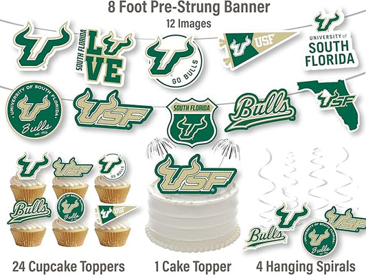 University of South Florida Party Supplies for USF Football, Birthday Gift, Graduation Party Banner and Cake Toppers (42 Pieces)(South Florida Bulls)