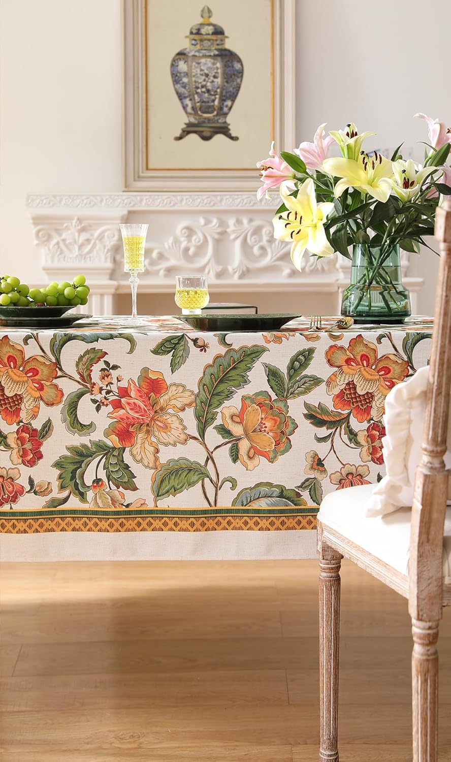 patdrea Designer Vintage Linen Rectangle Tablecloth,Provencal Rustic Floral Pattern Tablecloths,Decorative Table Cover Cloth for Kitchen,Dining Room,Tea Party,Home,Christmas,55"*87"