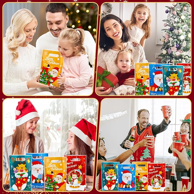 100 PCS Christmas Treat Bags with Handles, Christmas Goodie Bags, Xmas Gift Bag, Plastic Snowman Santa Claus Candy Goody Cookie Snack Bag Holiday Party Favor Bag for Xmas Winter Party Favor Supplies