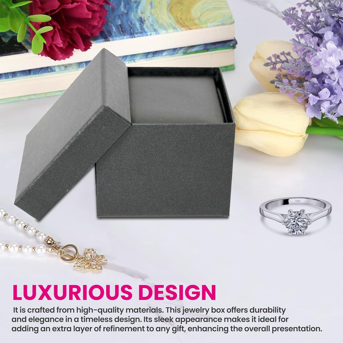 Novel Box Silver Jewelry Box for Rings 2.37x2.37x1.87 Inches - Slot Ring Gift Box for Proposal Wedding Engagement - Faux Leatherette Jewelry Display Box - Gift Presentation Boxes for Rings