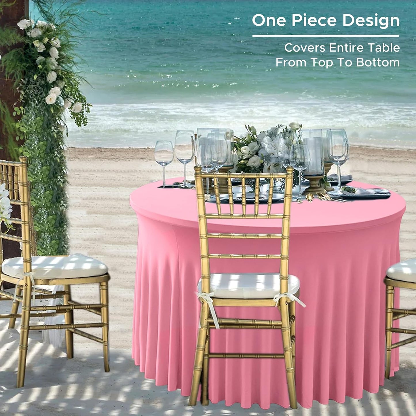 HolidayIdeas 60 Inch Pink Spandex Round Table Skirts,Fitted Stretch Tablecloths for Round 5 ft Table, Wrinkle-Free Ruffle Design Tablecloths for Banquets,Trade Shows, Parties, Events, 6 Pcs