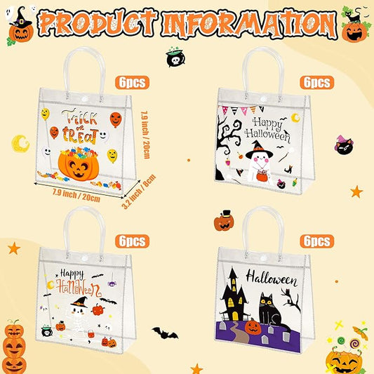 H1vojoxo Halloween Themed Gift Bags - 24PCS Happy Halloween Clear PVC Bags with Handle Reusable Trick or Treat Goodie Treat Candy Tote Bag for Kids Pumpkin Ghost PVC Tote Bag for Party Decoration