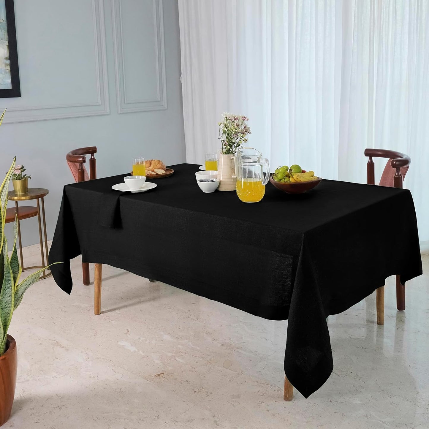 D'Moksha Homes Black Linen Tablecloth 60 x 120 Inch - 100% Pure Linen Tablecloth for Rectangle Tables - Machine Washable Table Cloth for Fall, Autumn and Halloween
