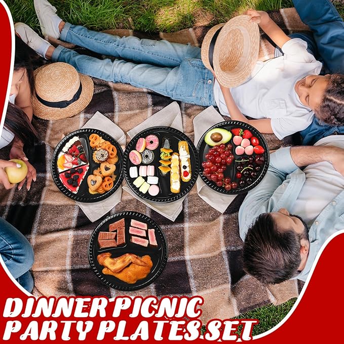 50 Pcs 10 Inch Plastic 3 Compartment Divided Plates Heavy Disposable Plates Duty Round Dinner Plates with Dividers for Wedding Birthday Party Dinnerware(Black)