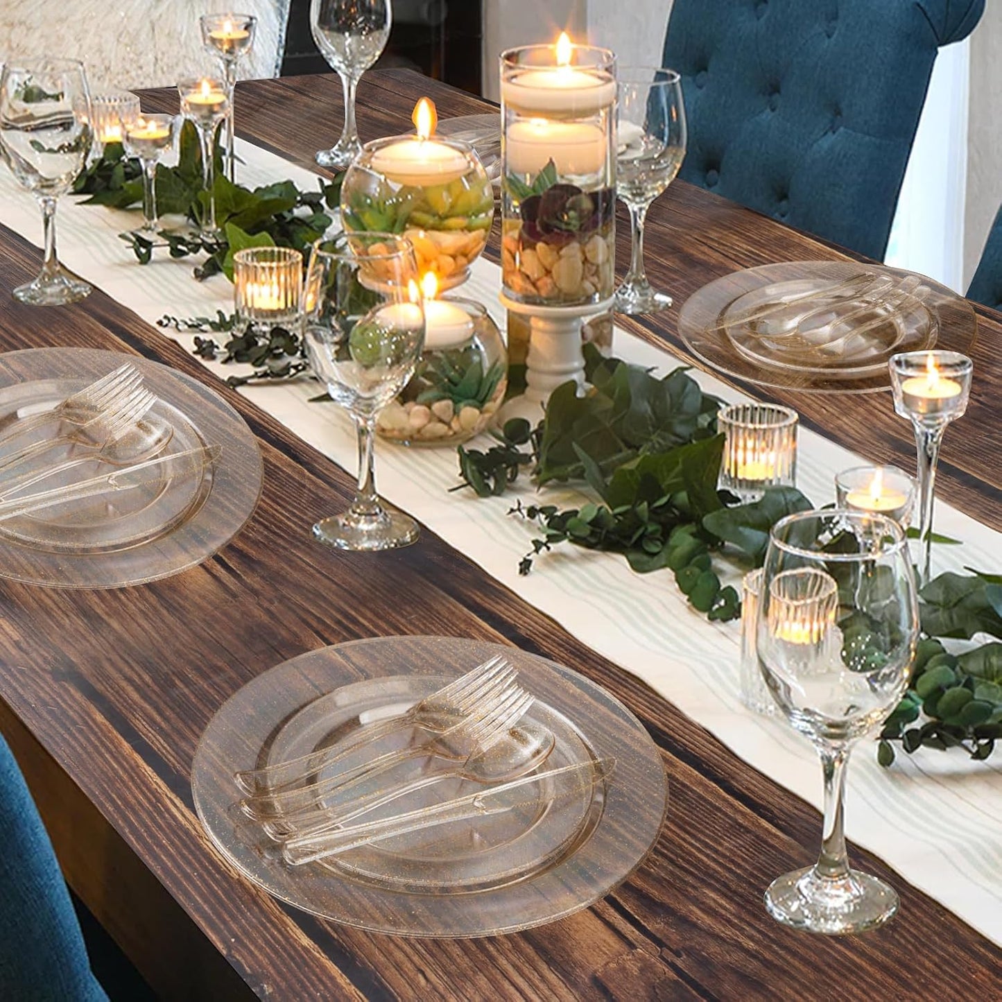 Goodluck 600 Piece Gold Glitter Disposable Plates for 100 Guests, Plates for Party, Wedding, Dinnerware Set of 100 Dinner, 100 Salad Plates, 100 Spoons, 100 Forks, 100 Knives, 100 Cups
