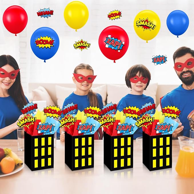 6 Sets Hero Theme Party Decoration Hero Boxes Centerpiece (7.9 x 5.1 x 5.1 Inch) Sticks with Tissue Paper Standing Cards Birthday Baby Shower Party Supplies (Red,Yellow,Blue)