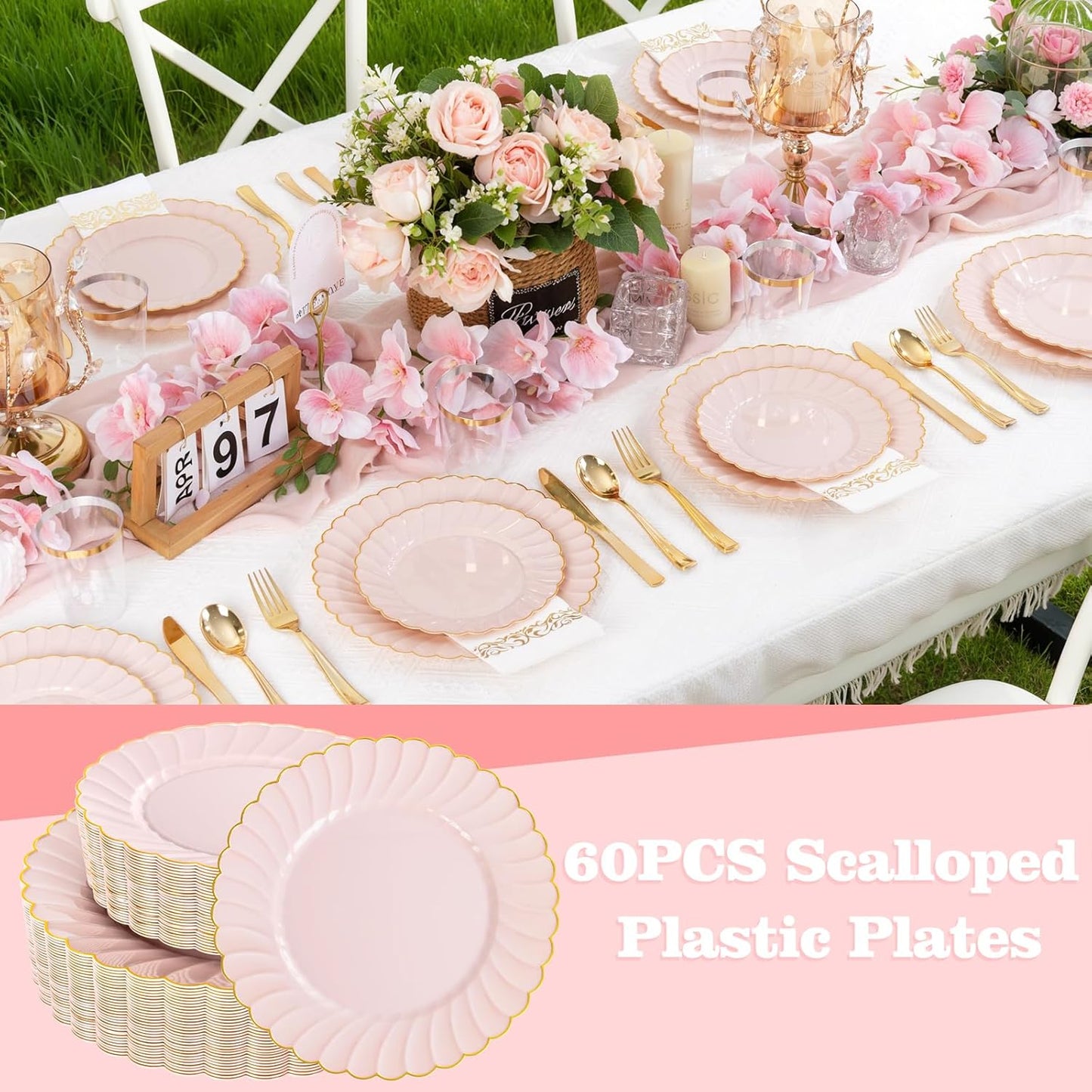 YOUBET 60PCS Pink Scalloped Plastic Plates - Hard Pink and Gold Fancy Disposable Plates include 30 Gold Dinner Plate, 30 Dessert Plate for Party & Wedding & Baby Shower