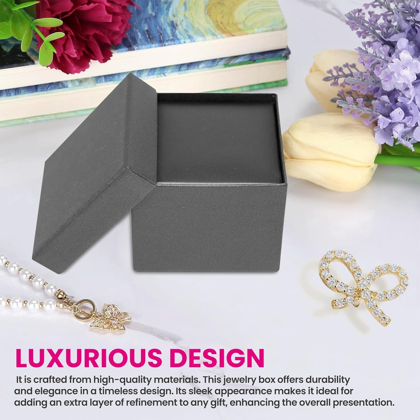 Novel Box Earring Tree Silver Jewelry Box 2.37x2.37x1.87 Inches - Earrings Gift Box for Proposal Wedding Engagement - Faux Leatherette Jewelry Display Box - Gift Presentation Boxes for Earrings