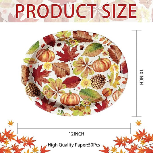 50 Pcs Fall Leaves Pumpkin Oval Plates 10" x 12" Large Disposable 400 GSM Fall Paper Plates Thanksgiving Plate for Fall Themed Party Dinnerware Supplies Thanksgiving Holiday Party Kitchen Table Decor