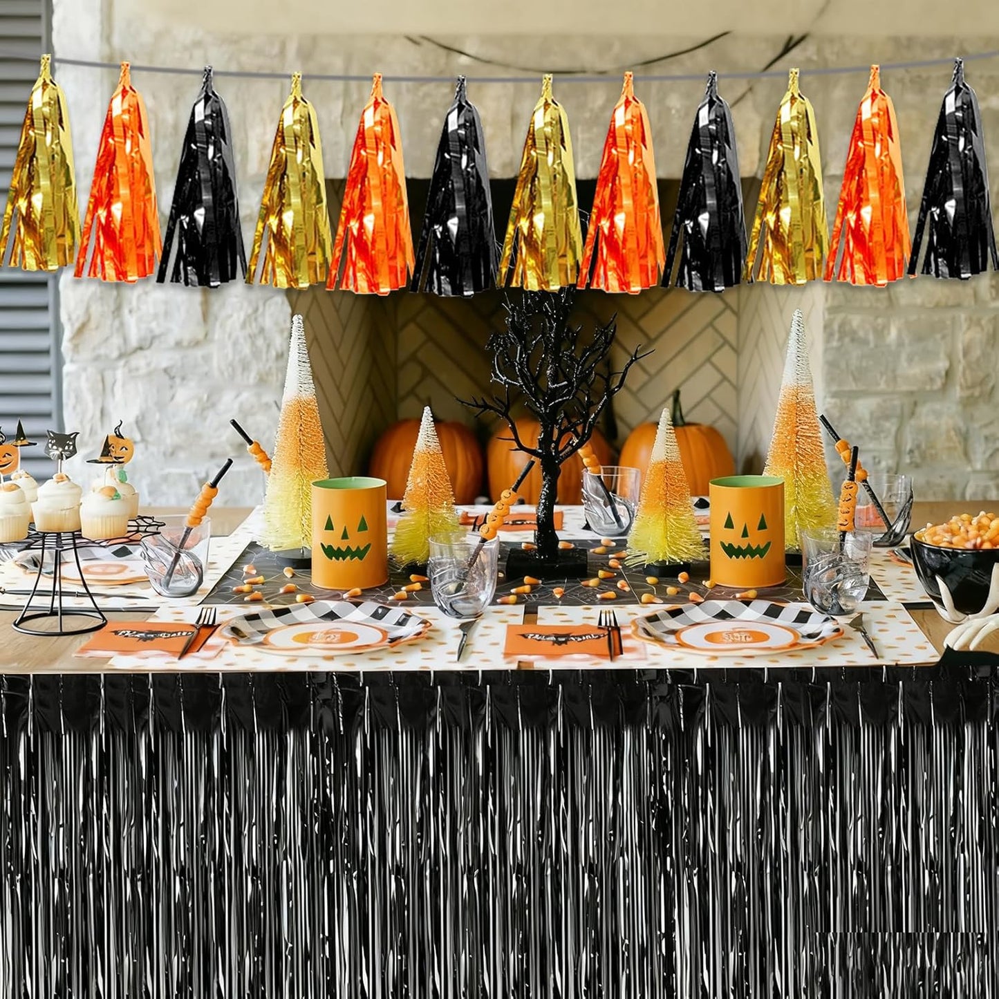 4P Orange Gold Black Tassel Banner Garland Metallic Foil Fringe Banner Tinsel Tassels Streamer Banner Backdrop for Parade Floats, Graduation Decorations, Halloween, Christmas Decorations