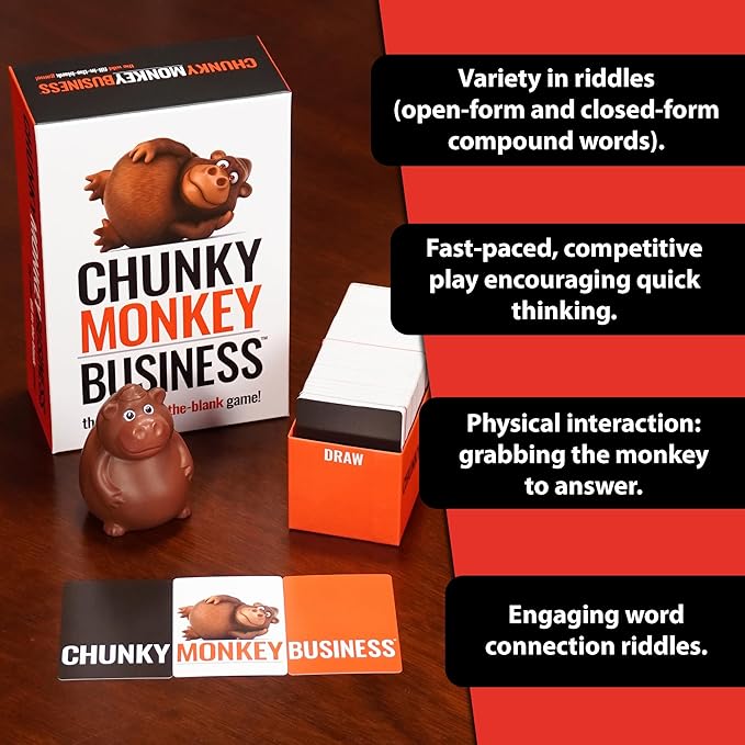 Chunky Monkey Business, Funny Fill-in-The-Blank Word Guessing Brain Teaser Party Game for Game Nights, Family Fun, and Groups, Ages 10+