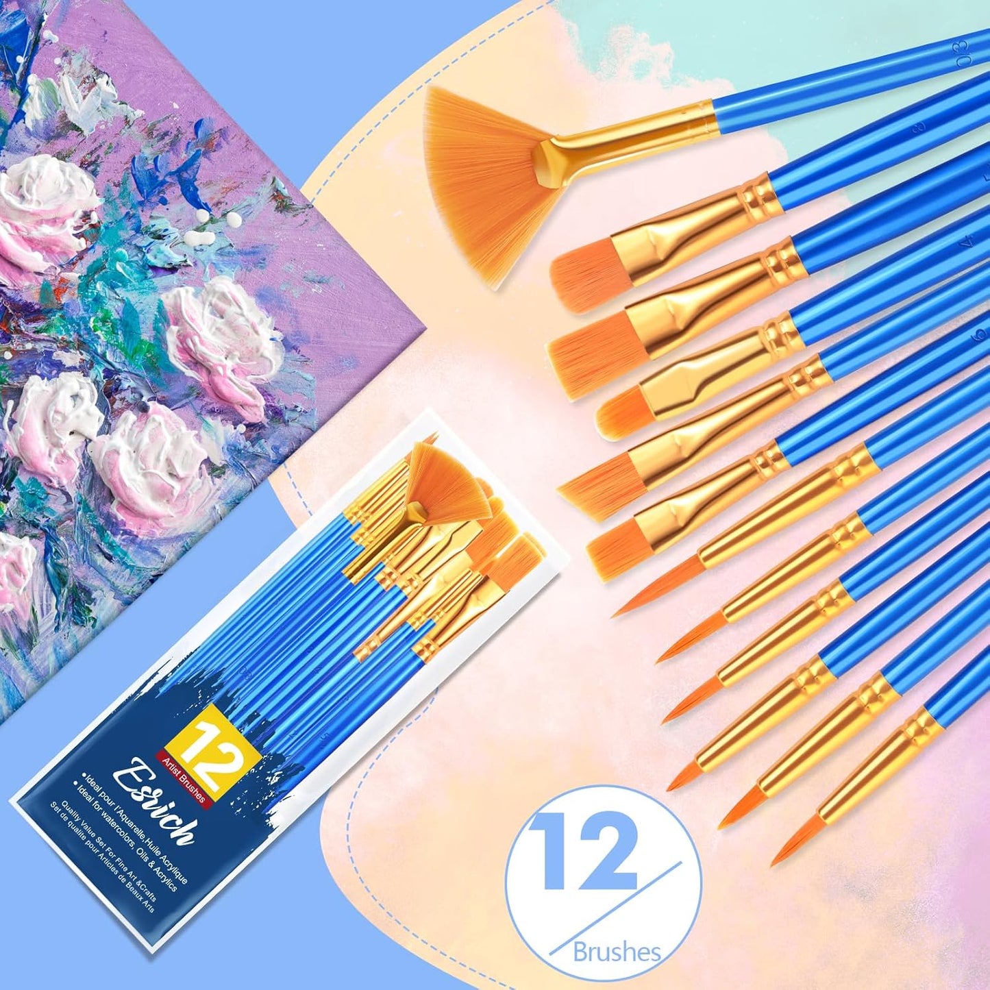 ESRICH Paint Brushes Set,1pack/12pcs Nylon Hair Round-Pointed Tip Acrylic Paint Brushes for Watercolor Oil Rock Face Painting,12 Sizes Paint Brush for All Purposes Kids Adult Arts Painting Brush Kits.