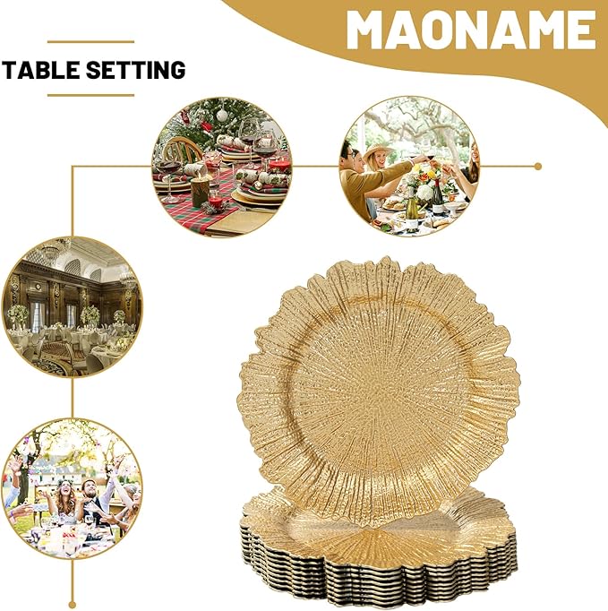 MAONAME 13" Gold Charger Plates Set of 10, Reef Plate Chargers, Round Charger for Dinner Plates, Plastic Table Chargers for Wedding Decor