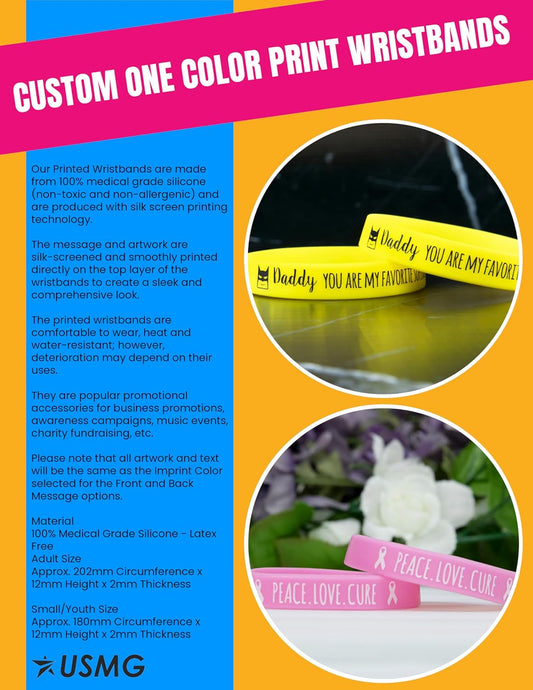 USMG Custom One Color Print Rubber Bracelets Silicone Wristbands - Add a Message - Personalized for Motivation, Events, Support, Fundraisers
