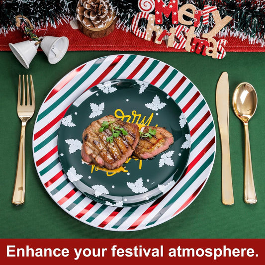 WDF 50 Pieces Christmas Plastic Plates - Christmas Plates Disposable include 25 Christmas Dinner Plates and 25 Christmas Salad Plates - Red and Green Plates for Christmas party&winter