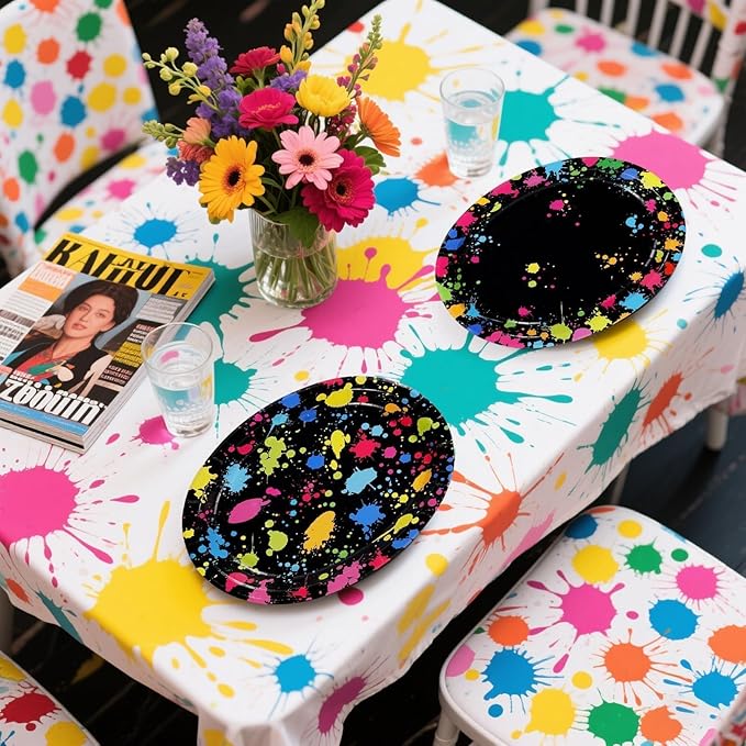 Grencian 50Pcs Neon Party Supplies 10" X 12" Large Heavy Duty Neon Glow Oval Paper Plates Colorful Graffiti Birthday Decorations for Baby Shower Birthday Glow in the Dark Theme Parties