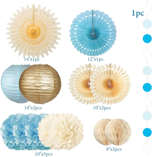 Dusty Blue and Cream Party Decorations Light Blue Paper Fans Paper Lanterns Pom Poms Flowers for Baby Shower Birthday Wedding Engagement Party