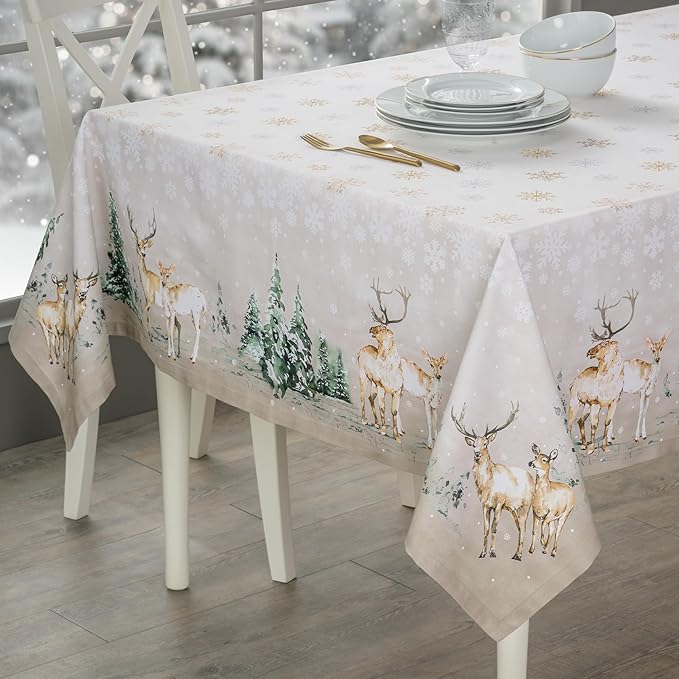 Maison d' Hermine Table Cloth Rectangle Table 100% Cotton 70 x 120 Inches Fall Tablecloth Reusable Everyday Use for Thanksgiving Christmas Decorations Dining Farmhouse Party (Deer in The Woods)