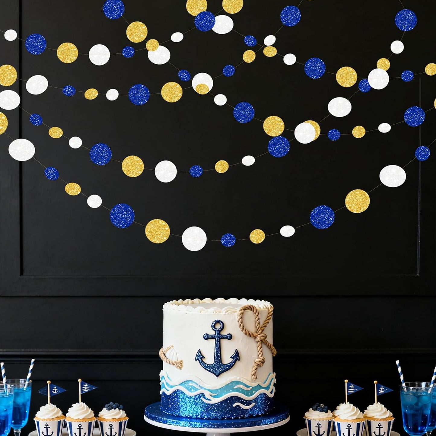 Royal Blue Gold White Party Polka Dot Garland Dark Blue Glitter Gold White Hanging Paper Circle Dots Streamer for Birthday Graduation Baby Shower Wedding Retirement Nautical Party Decorations Supplies