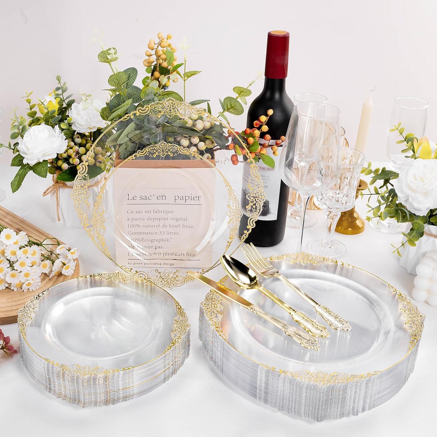 200 PCS Clear and Gold Plastic Plates for 100 Guests, Elegant Clear Disposable Plates with Gold Trim, Include 100 PCS Dinner Plates, 100 PCS Dessert Plates for Party, Birthday and Graduation