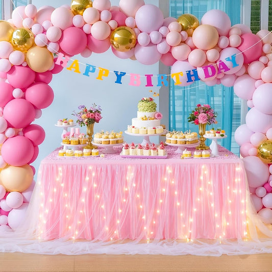 9FT Pink Tulle Table Skirt for Rectangle or Round Tables, Pink Tutu Table Skirt with LED Lights for Princess Girl Birthday Party Baby Shower Gender Reveal Wedding Banquet Cake Dessert Decorations