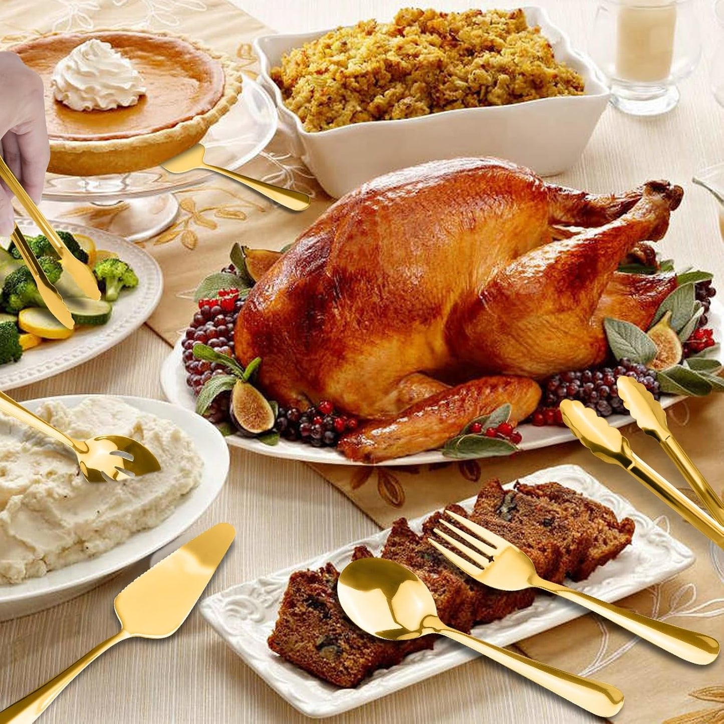 Serving Utensils, XEVOM 6-Piece Stainless Steel Serving Utensil Set Include Serving Spoon, Slotted Serving Spoon, Serving Fork,Serving Tong, Appetizers Tong,Pie Server(Gold)