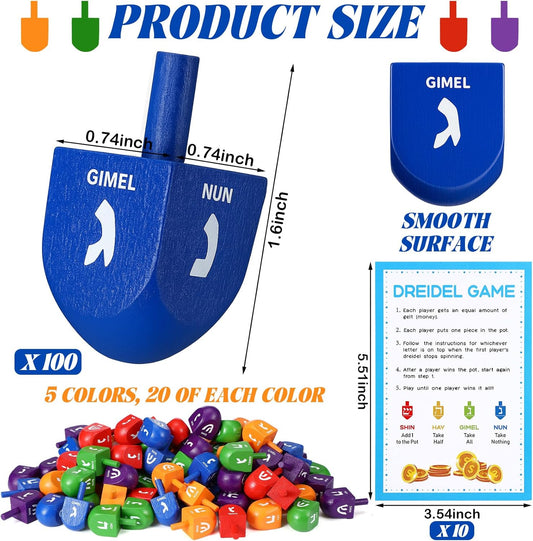 Wettarn 100 Pieces Hanukkah Dreidels Bulk Wooden Hanukkah Dreidels with Game Instruction Cards for Party Game (Size 1,Rainbow Style)