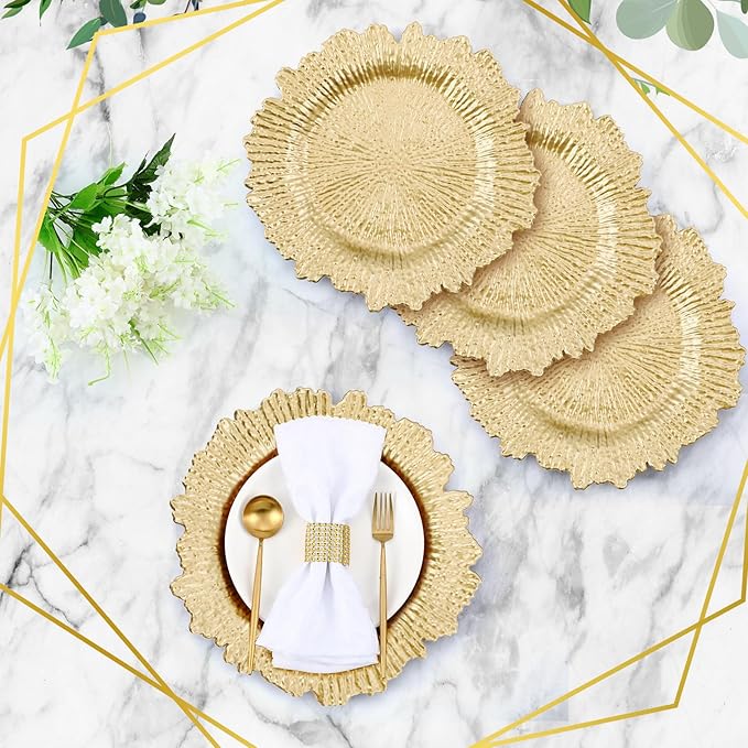 Rtteri 50 Pcs 13 Inch Charger Plates Bulk, Plastic Charger Plates with Floral Reef Design, Round Ruffled Rim Decorative Dinner Tableware for Wedding, Party, Event Table Decor(Light Gold)