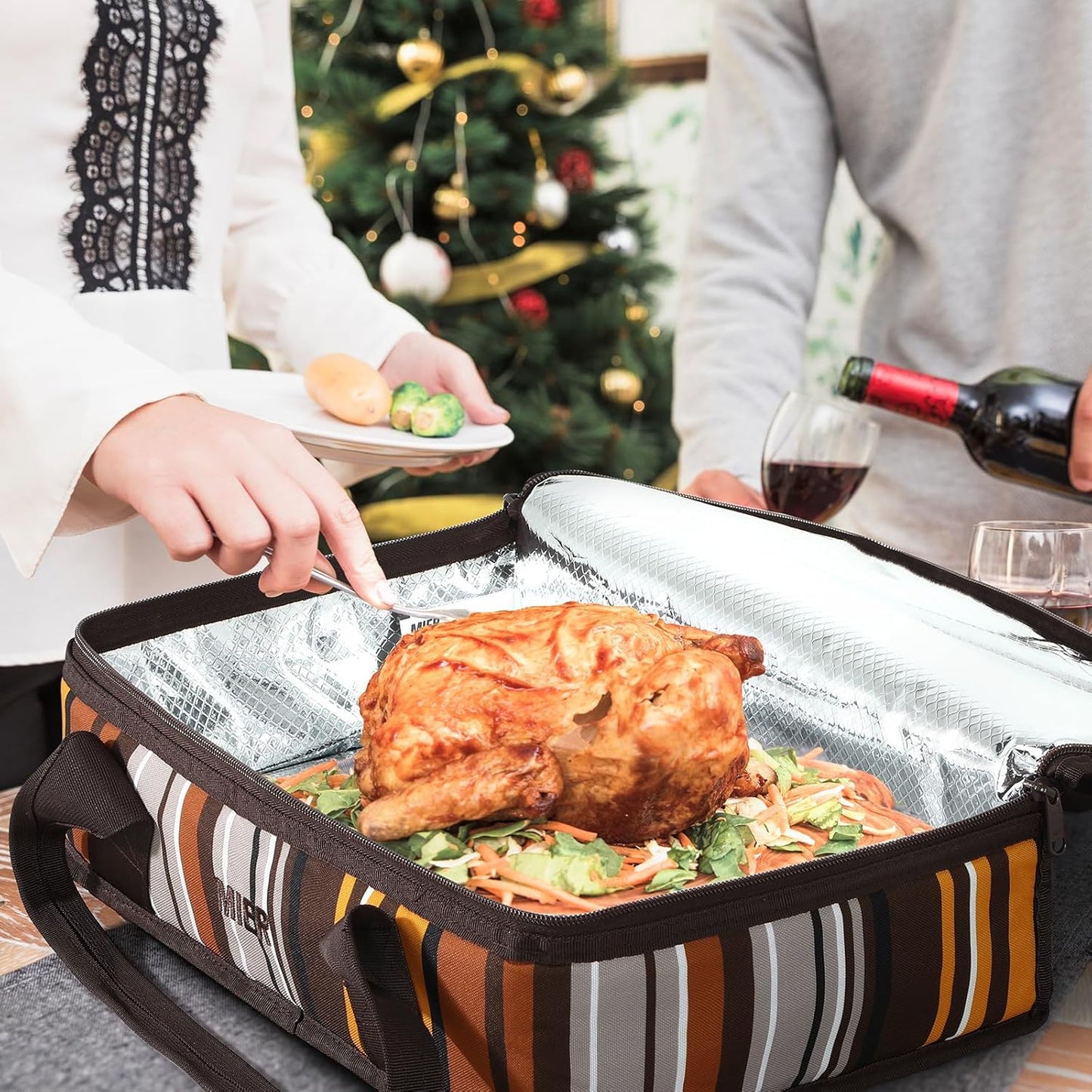 MIER Insulated Casserole Carrier for Hot or Cold Food Thermal Food Carrier Bag for Lasagna Potluck Parties Picnic Cookouts, Fits 9"x13" Baking Dish/Foil Pan, Brown