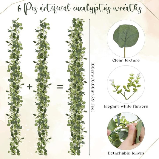 6 Pack 5.9 Feet Faux Eucalyptus Garlands Bulk, Artificial Wedding Garland with White Flowers Faux Silver Dollar Eucalyptus Leaves Vines for Table Home Wedding Party Indoor Outdoor Decor