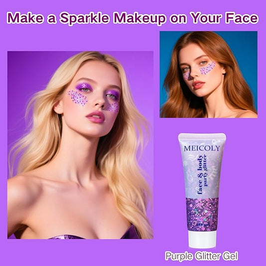 MEICOLY Purple Hair Glitter Kids Makeup,Holographic Halloween Sparkly Face Glitter,Self-Adhesive Mermaid Sequins Face Body Glitter,Chunky Glitter for Festival Rave Accessories Costume Outfits