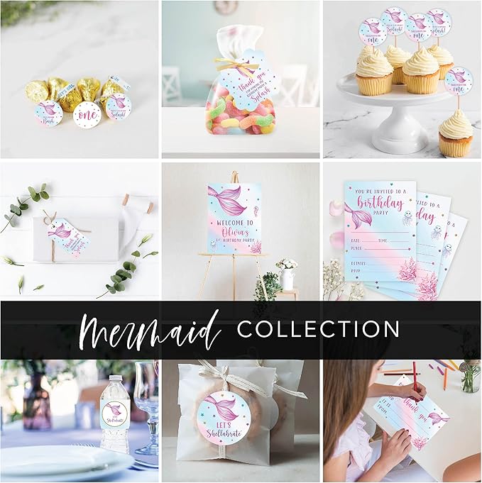 Andaz Press Fancy Frame Kids Party Favor Thank You Tags with String, 48-Pack Mermaid Birthday Gift Tags for Gift Bags, Favor Bags, Goody Bags, Girls Mermaid 1st Birthday Party Favors Hanging Tags