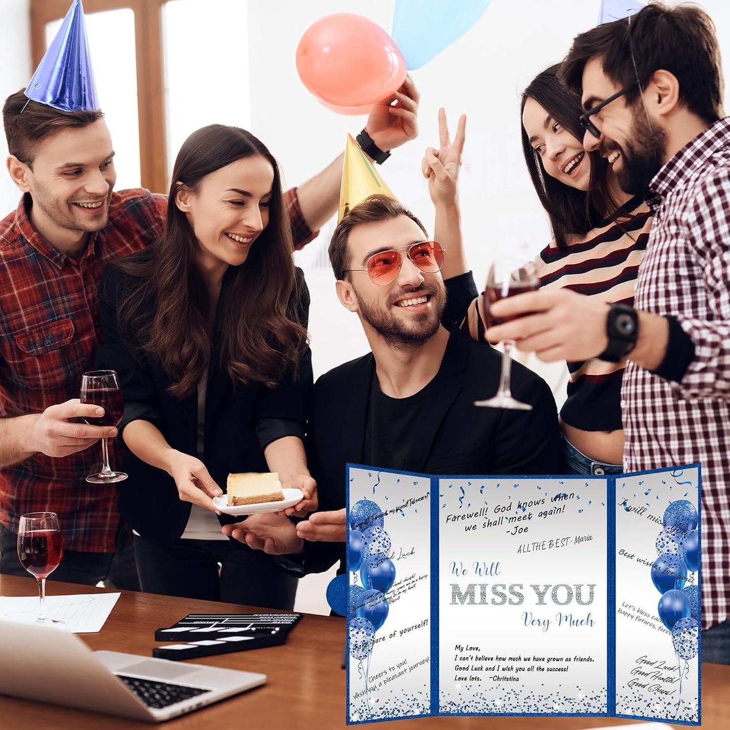DARUNAXY Blue Silver Farewell Party Decorations, We Will Miss You Very Much Alternative Signature Guest Book for Men Women Going Away Gifts Signing Card Board for Retirement Graduation Party Supplies