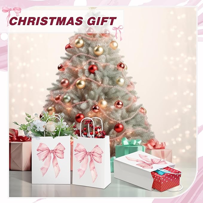 Kolldenn 16 Pcs Coquette Pink Bow Paper Gift Bags Women Mother's Day Birthday Favor Goodie Candy Bags with Handles for Bridal Engagement Baby Shower Party Supplies
