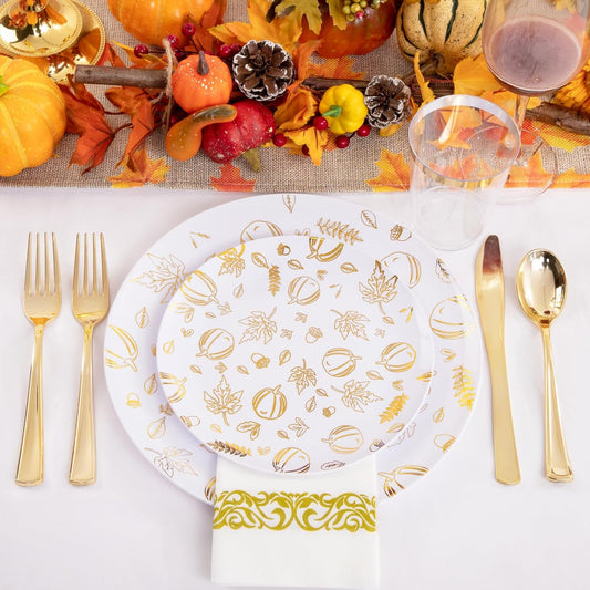Supernal 175pcs Thanksgiving Plastic Dinnerware Set,Thanks Plates,Plastic Plates for Party,Gold Pattern Design,Gold Disposable Silverware,Disposable Cups and Napkins Perfect for Thanksgiving