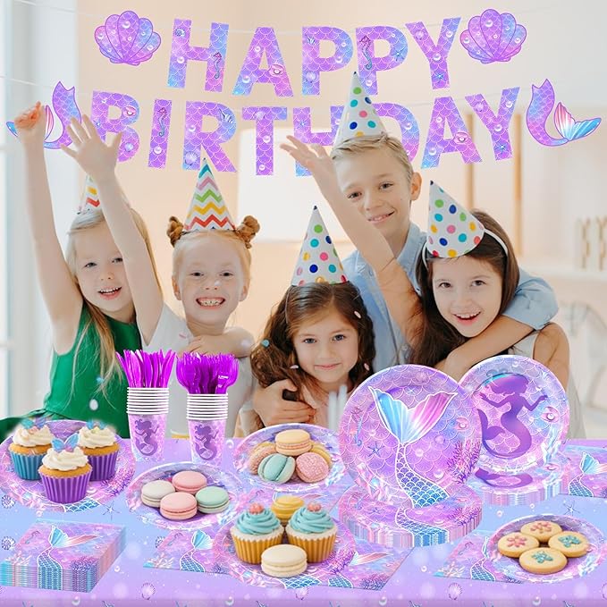 182pcs Mermaid Themed Plates and Napkins Set,Mermaid Birthday Party Decorations for Girls Birthday Party Supplies,Serve 30 Guests