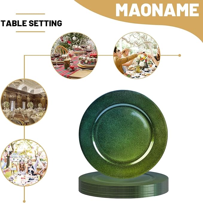 MAONAME Laser Green Charger Plates Set of 12, 13" Round Plate Charger for Dinner Plates, Glitter Plastic Plate Chargers, Table Chargers for Wedding Decor, Party