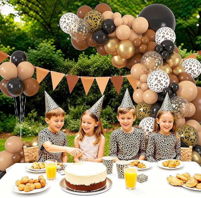 Amandir 153pcs Cheetah Balloons Arch Garland Kit, Different Sizes 18 12 10 5inch Black Dark Light Brown Gold Confetti Leopard Cheetah Print Balloons for Safari Jungle Wild Birthday Party Decorations